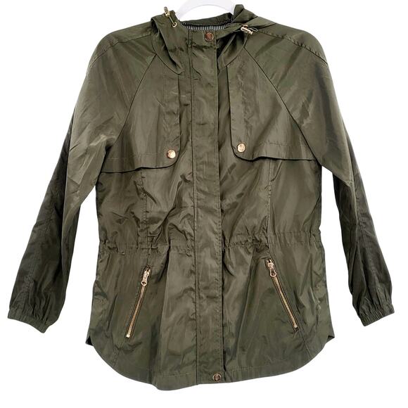 Cavalini Green Cinched Waist Hooded Windbreaker Jacket Women’s Sz Medium Petite - Picture 1 of 8